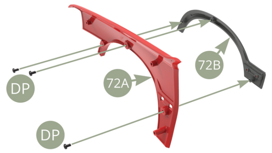 Montieren Sie 72B (vordere rechte Bogenabdeckung) an 72A (vorderer rechter Flügel) und mit drei DP-Schrauben befestigen.