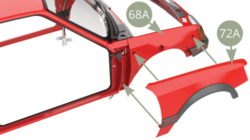 Fit 72A Front right wing to 68A Front subframe right side and fix with three BM screws ( lower illustrations ).