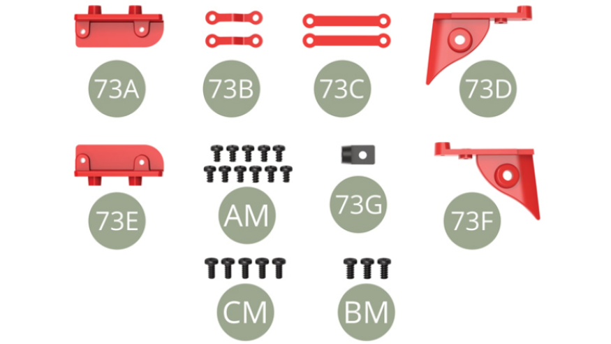 73A Left hinge base73B Short link ( x2 )73C Long link ( x2 )73D Left bonnet bracket73E Right hinge base73F Right bonnet bracket73G Bonnet support bracketAM M 1,7 x 3 mm (x 11)CM M 1,7 x 3 mm (x 5)BM M 2,0 x 4 mm (x 3)