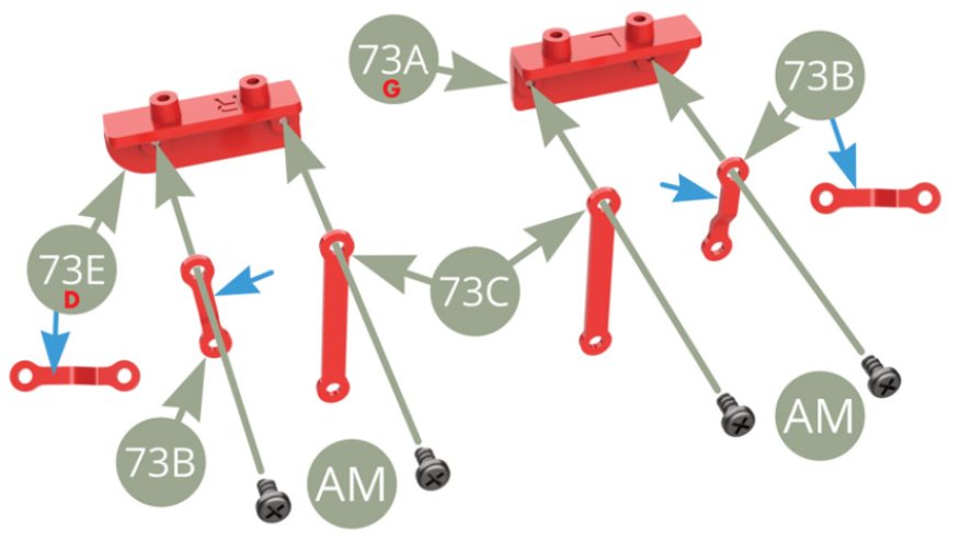 Fit two 73C Long links to 73E Right and 73A Left hinge bases and fix with two AM screws , allowing link to move . Fit two 73B Short links by its longer ( blue arrow ) eye plate to 73E Right and 73A Left hinge bases and fix with two AM screws , allowing link to move.