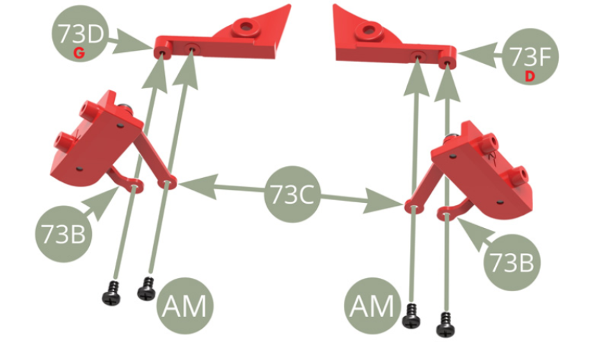 Fit free ends of two 73C Long and two 73B Short links to 73D Left and 73F Right bonnet brackets and fix with four AM screws , allowing hinge assembly movement .