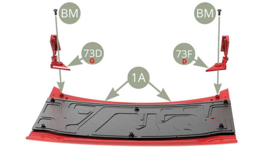 Montieren Sie 73D (links) und 73F (Motorhaubenhalterung rechts) an 1A (Motorhaube) und mit zwei BM-Schrauben befestigen.