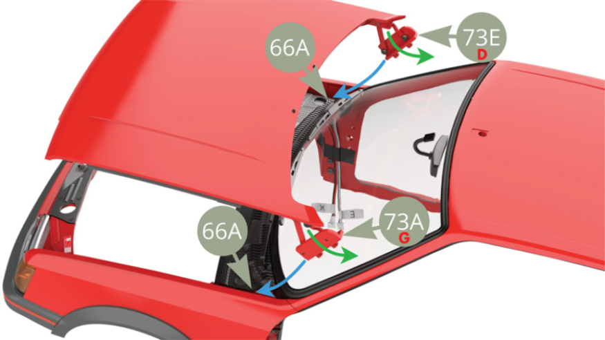 Déplier les charnières droite 73E et gauche 73A (flèches vertes) et les glisser ensemble dans les encoches situées de chaque côté sous la grille d’aération 66A (flèches bleues). Bien les emboîter dans la carrosserie 64A et l’avant du châssis 68A (Illustrations ci-dessous).