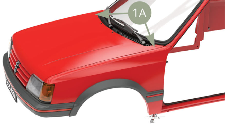 Versichern Sie sich, dass 1A (Motorhaube) bündig mit den angrenzenden Flächen angedrückt ist. Drehen Sie die Karosserie um und befestigen Sie 73E (rechts), 73A (linke Scharnierbasen) an 64A (Karosserierahmen) und 68A (vorderer Hilfsrahmen) mit vier CM-Schrauben - untere Abbildungen.