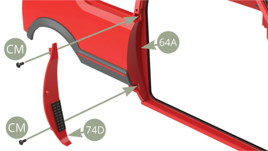 Positionner le panneau de fermeture de porte droite 74D sur la carrosserie 64A et le fixer avec deux vis CM.