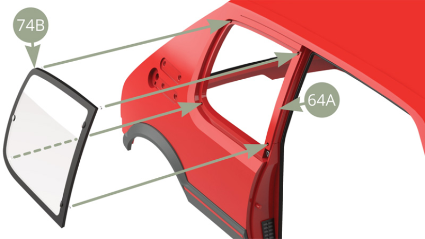 Positionner la vitre de custode arrière droite 74B sur la carrosserie 64A (Illustrations ci-dessous).