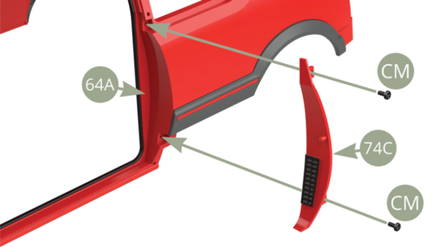 Fit 74C Left door lock panel to 64A Body frame and fix with two CM screws.