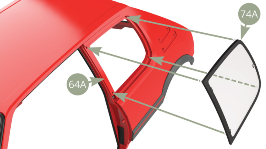 Fit 74A Rear left quarterlight glass to 64A Body frame ( lower illustrations ).