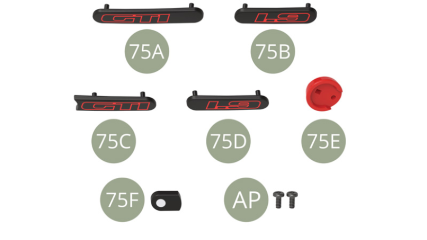 75A Badge GTI gauche75B Badge 1.9 gauche75C Badge GTI droit75D Badge 1.9 droit75E Trappe d’essence75F Serrure de trappe d’essenceAP Vis M 1,7 x 4 mm (x 2)