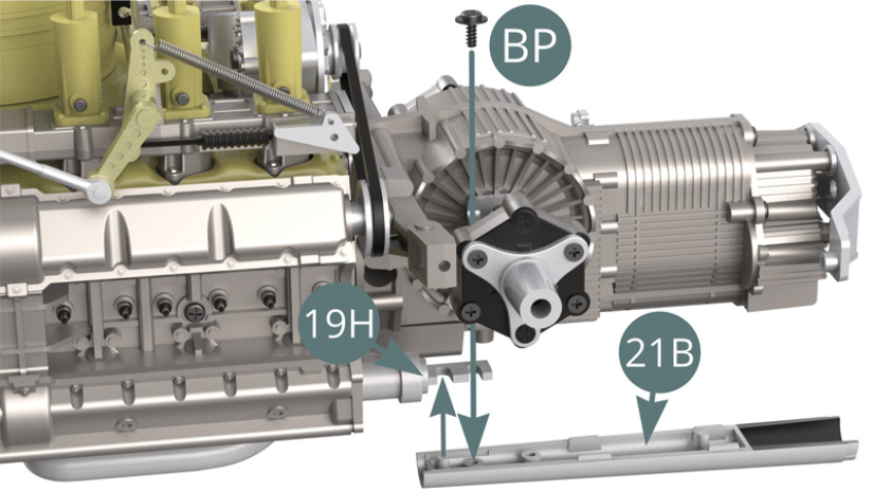 Positionner la sortie d’échappement inférieure gauche 21B sur le collecteur d’échappement 19H et le fixer avec une vis BP.