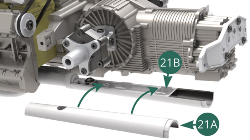 Monta el Tubo de escape superior izquierdo (21A) en el Tubo de escape inferior izquierdo (21B) y fíjala con un tornillo AP (ilustraciones aquí y abajo).