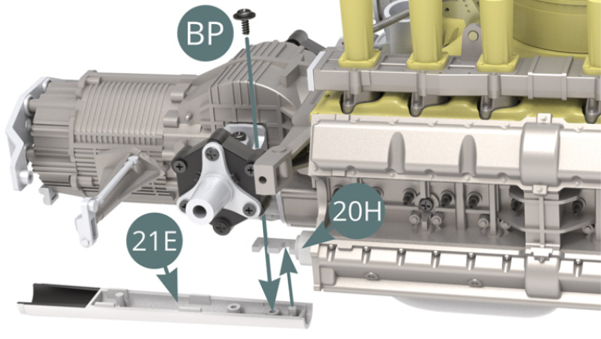 Positionner la sortie d’échappement inférieure droite 21E sur le collecteur d’échappement 20H et le fixer avec une vis BP.