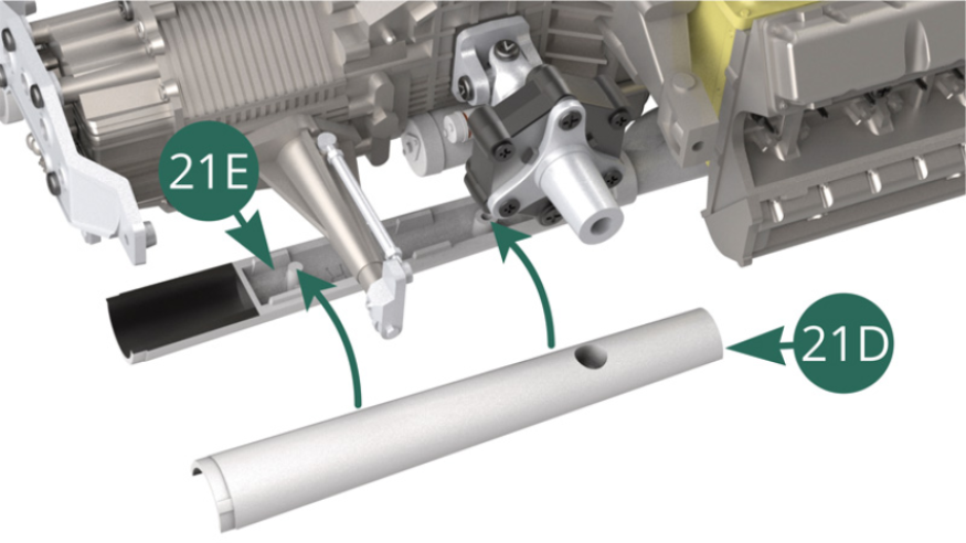 Monta el Tubo de escape superior derecho (21D) en el Tubo de escape inferior izquierdo (21E)) y fíjala con un tornillo AP (ilustraciones abajo).