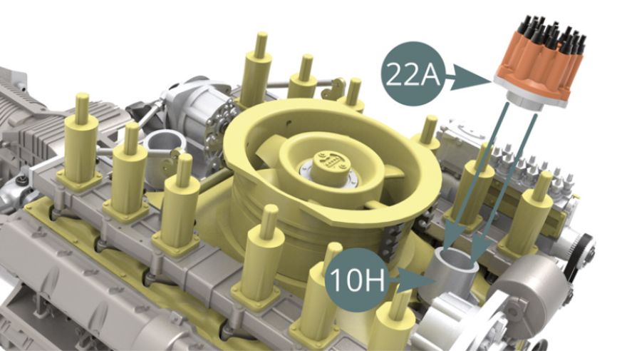 Positionieren Sie den Zünder (22A) auf Basis des Verteilers (10H), überprüfen Sie sorgfältig die richtige Ausrichtung auf der abbildung gegenüber.  