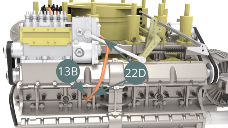 Brancher le premier fil 22D sur la bougie d’allumage 13B (illustration ci-dessous) et sur le connecteur 22C (illustration ci-dessous). Tourner la tête d’allumeur 22B (flèche bleue) afin qu’elle soit positionnée comme sur l’illustration ci-dessous.