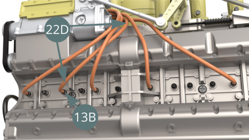 Schneiden Sie einen fünften Zünddraht von 12 cm Länge von der Zünddrahtrolle (22D) ab, schließen Sie es an die nächste Zündkerze (13B) - Abbildungen unten - und an den Stecker (22C) - Abbildung unten.