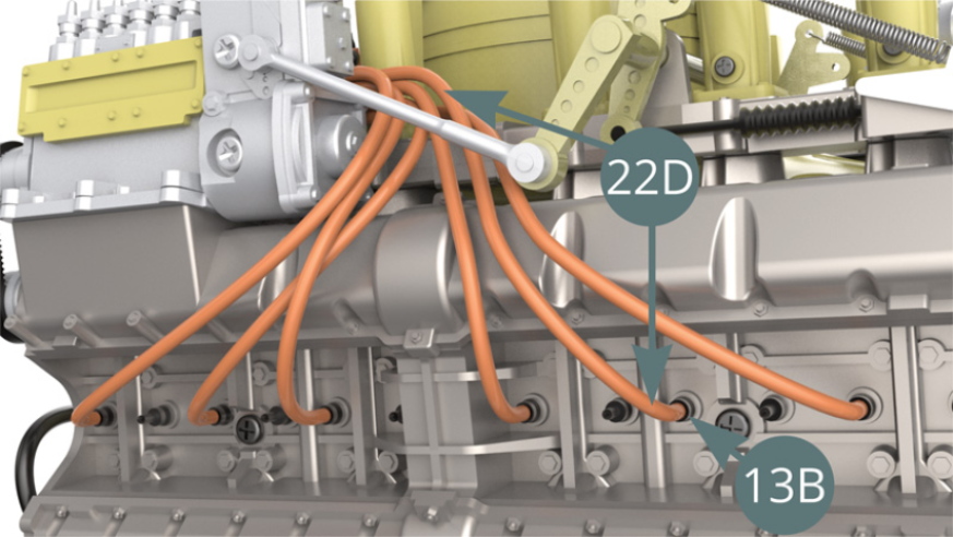 Schneiden Sie einen sechsten Zünddraht von 12 cm Länge von der Zünddrahtrolle (22D) ab, schließen Sie es an die nächste Zündkerze (13B) - Abbildungen unten - und an den Stecker (22C) - Abbildungen unten.