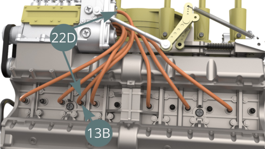 Schneiden Sie einen siebten Zünddraht von 10 cm Länge von der Zünddrahtrolle (22D) ab, schließen Sie es an die nächste Zündkerze (13B) - Abbildungen unten - und an den Stecker (22C) -Abbildungen unten.