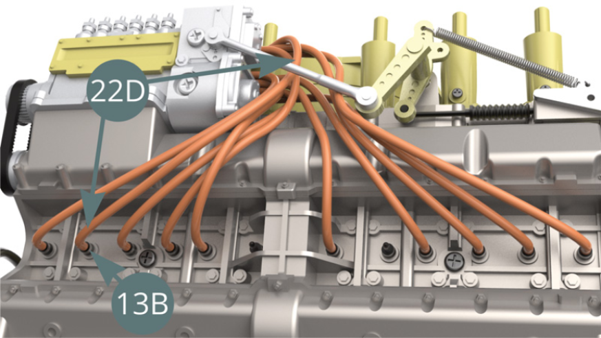 Couper un dixième fil d’allumage de 11,5 cm de long depuis le rouleau 22D, puis le brancher sur la bougie d’allumage 13B suivante (illustration ci-dessous) et sur le connecteur 22C (illustration ci-dessous).