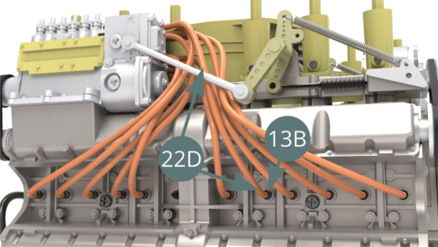 Corta un undécimo Cable de bujías de 10,5 cm de longitud del rollo de Cable de bujías (22D) y conéctalo a la siguiente Bujía (13B) - ilustraciones al lado - y al Terminal (22C) - ilustración a continuación.