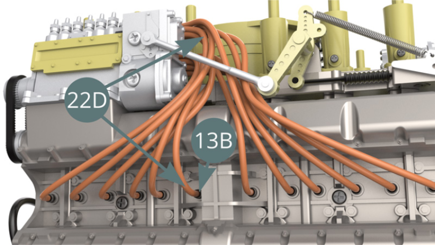 Corta un duodécimo Cable de bujías de 10,5 cm de longitud del rollo de Cable de bujías (22D) y conéctalo a la siguiente Bujía (13B) - ilustraciones al lado - y al Conector (22C) - ilustración a continuación.