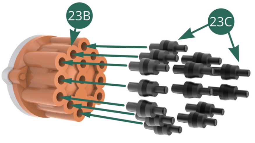 Conecta los 14 Terminales de los Cables de bujías (23C) en la Tapa del distribuidor (23B). 