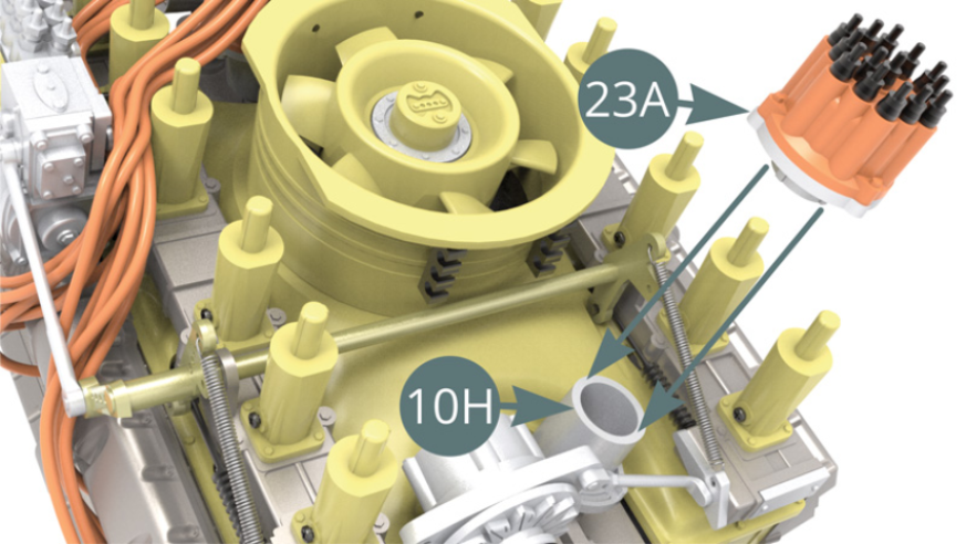 Positionieren Sie den Zünder (23A) auf der Base des Verteilers (10H), überprüfen Sie sorgfältig die richtige Ausrichtung auf der Abbildung.