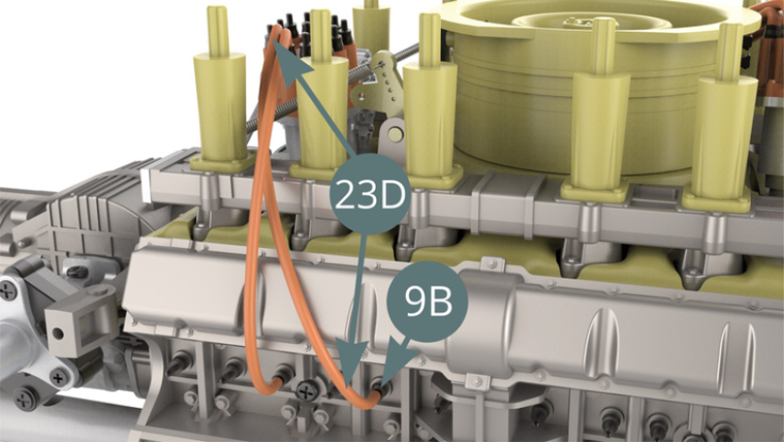 Schneiden Sie einen zweiten Zünddraht von 8,2 cm Länge von der Zünddrahtrolle (23D) ab, schließen Sie es an die nächste Zündkerze (9B) - Abbildung unten – und an den Stecker (23C) - Abbildung unten.