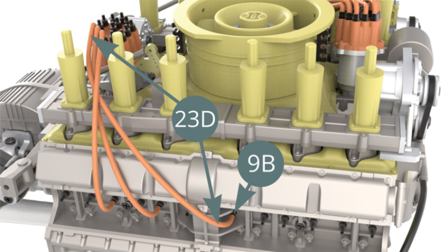 Schneiden Sie einen dritten Zünddraht von 9,8 cm Länge von der Zünddrahtrolle (23D) ab, schließen Sie es an die nächste Zündkerze (9B) - Abbildung unten – und an den Stecker (23C) – Abbildung unten.