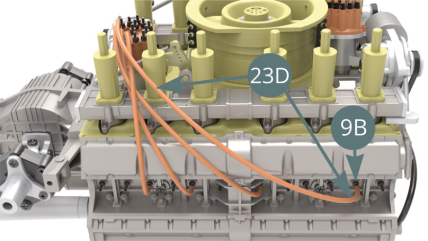 Schneiden Sie einen vierten Zünddraht von 12 cm Länge von der Zündkabelrolle (23D) ab, schließen Sie es an die nächste Zündkerze (9B) - Abbildung unten - und an den Stecker (23C) - Abbildung unten. 