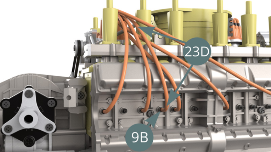Couper un sixième fil d’allumage de 9 cm de long depuis le rouleau 23D, puis le brancher sur la bougie d’allumage 9B suivante (illustration ci-dessous) et sur le connecteur 23C (illustration ci-dessous).