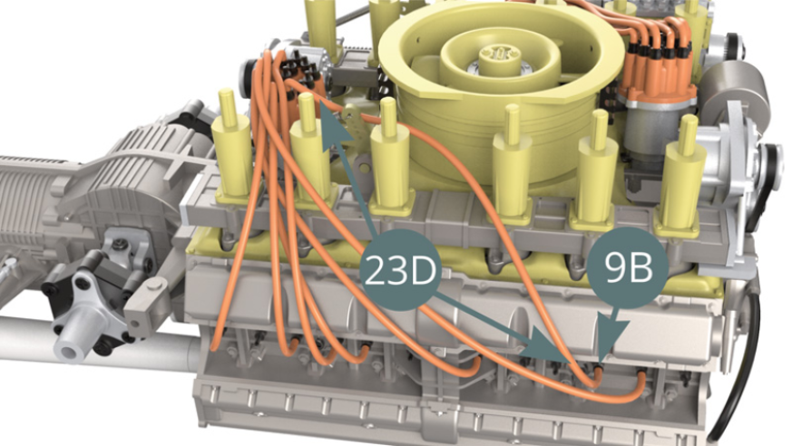 Schneiden Sie einen siebten Zünddraht von 10,5 cm Länge von der Zünddrahtrolle (23D) ab, schließen Sie es an die nächste Zündkerze (9B) - Abbildung unten – und an den Stecker (23C) - Abbildung unten.