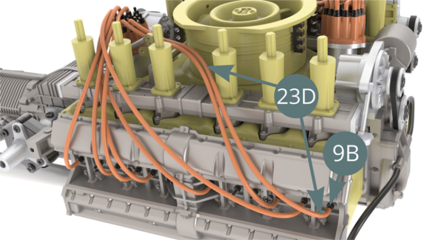 Corta un octavo Cable de bujías de 11,5 cm de longitud del rollo de Cable de bujías (23D), conéctalo a la siguiente Bujía (9B) - ilustración al lado - y al Terminal (23C) - ilustración a continuación.