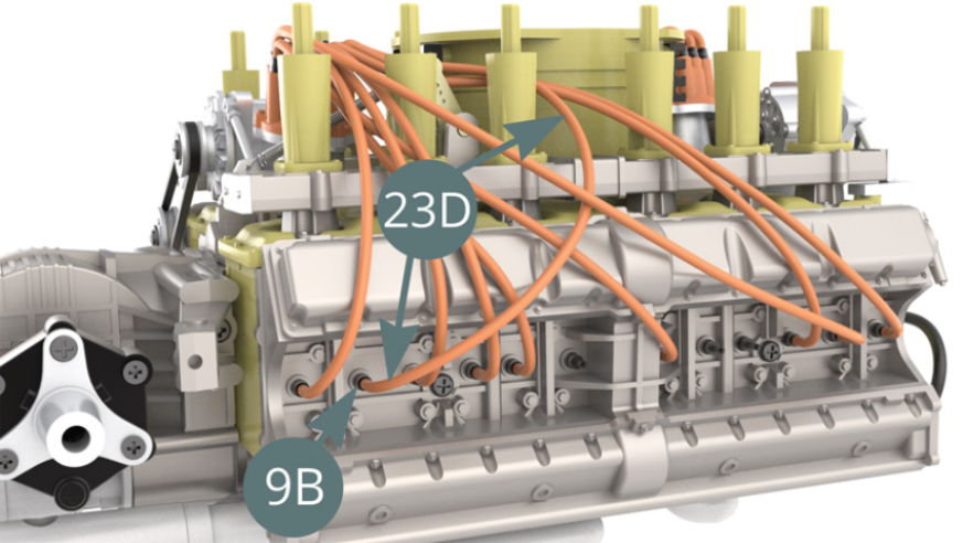 Schneiden Sie einen neunten Zünddraht von 10,5 cm Länge von der Zünddrahtrolle (23D) ab, schließen Sie es an die nächste Zündkerze (9B) - Abbildung unten - und an den Stecker (23C) – Abbildung unten).