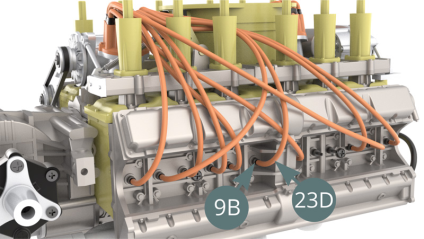 Couper un dixième fil d’allumage de 9,5 cm de long depuis le rouleau 23D, puis le brancher sur la bougie d’allumage 9B suivante (illustration ci-dessous) et sur le connecteur 23C (illustration ci-dessous).