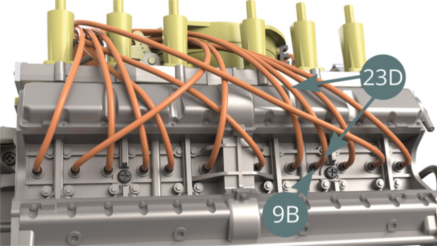 Schneiden Sie einen zwölften Zünddraht von 11 cm Länge von der Zünddrahtrolle (23D) ab, schließen Sie es an die nächste Zündkerze (9B) - Abbildung unten – und an den Stecker (23C) – Abbildung unten).