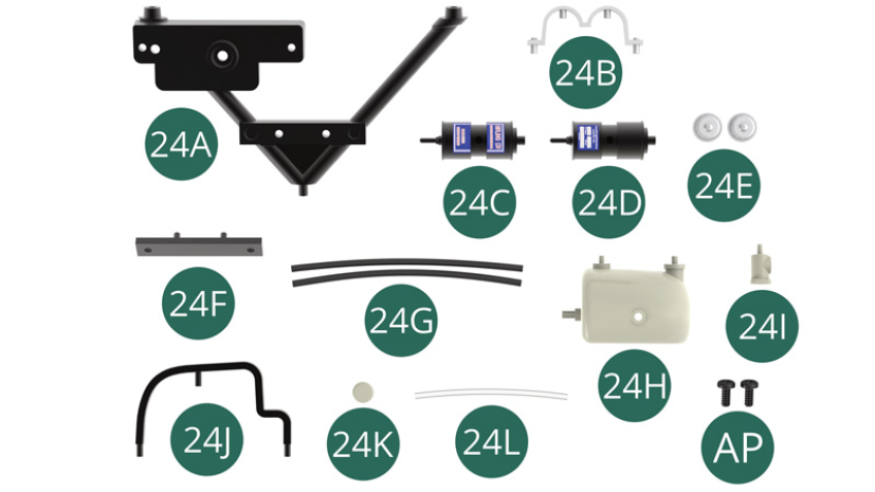 24A V-Rahmen 24B Kragen Verbindung24C Bremsflüssigkeitsbehälter 24D Bremsflüssigkeitsbehälter24E Kappe (x 2) 24F Unterstützung 24G Bremsflüssigkeitsschlauch (x 2) 24H Scheibenwaschbehälter24I Scheibenwaschpumpe 24J Clip 24K Kappe 24L Scheibenwaschflüssigkeitsschlauch AP Schraube M 1,7 x 4 mm (x 2)