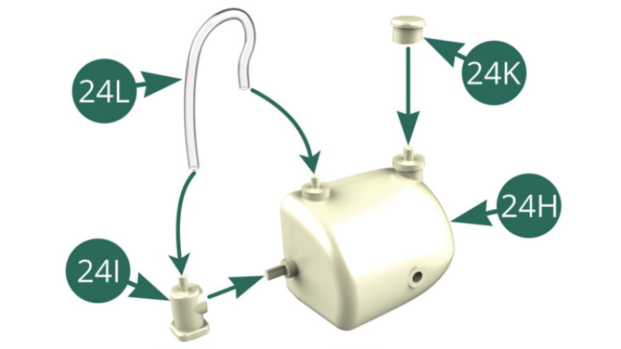 Fija la Tapa (24K) en el Depósito del lavaparabrisas (24H). Monta la Bomba del lavaparabrisas (24I) en el Depósito del lavaparabrisas (24H). Luego conecta la Manguera de líquido del lavaparabrisas (24L) a la Bomba del lavaparabrisas (24I) y al Depósito del lavaparabrisas (24H). 