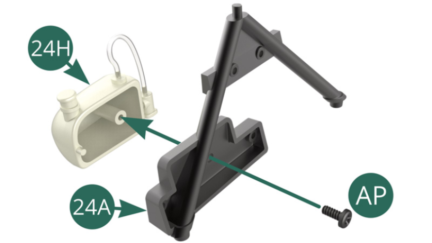 Monta el Depósito del lavaparabrisas (24H) en el Bastidor en V (24A) y asegúralo con un tornillo AP.