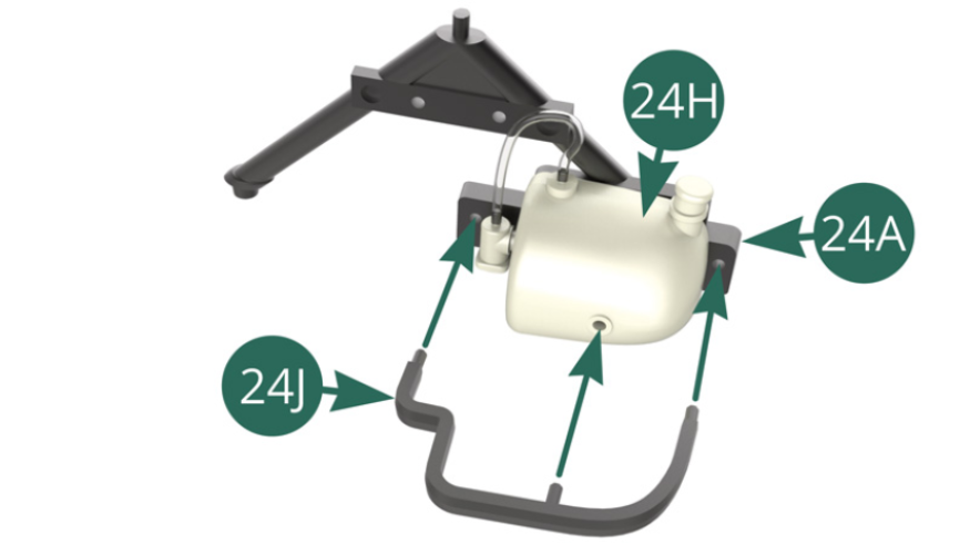 Positionner le clip 24J sur le cadre en V 24A et sur le réservoir de lave-glace 24H.