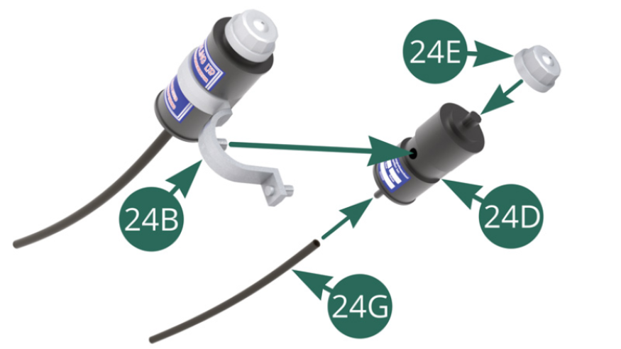 Positionner le bouchon 24E sur le réservoir de liquide de frein 24D, puis raccorder la durite 24G. Positionner le réservoir 24C sur le collier d’attache 24B.