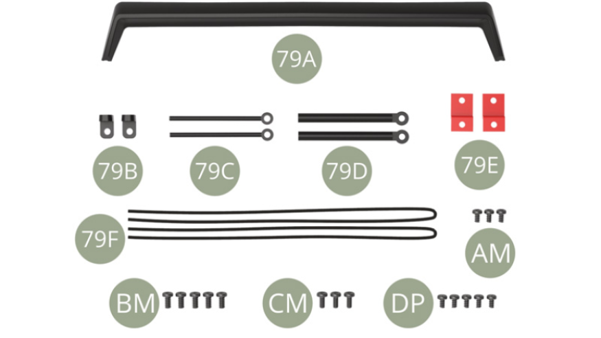 79A Becquet du hayon79B Support (x 2)79C Bras de verin (x 2)79D Verin de hayon (x 2)79E Attache de charnière du hayon (x 2)79F Cordon de soutien de la plage arrière (x 2)AM Vis M 1,7 x 3 mm (x 3)BM Vis M 2,0 x 4 mm (x 5)CM Vis M 1,7 x 4 mm (x 3)DP Vis M 1,7 x 3 mm (x 5)