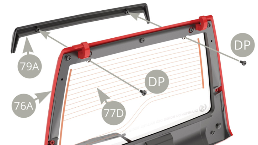 Montieren Sie 79A (Heckklappenspoiler) an 76A (Heckklappe) und befestigen Sie ihn mit zwei DP-Schrauben an 77D (Glas Heckklappe).