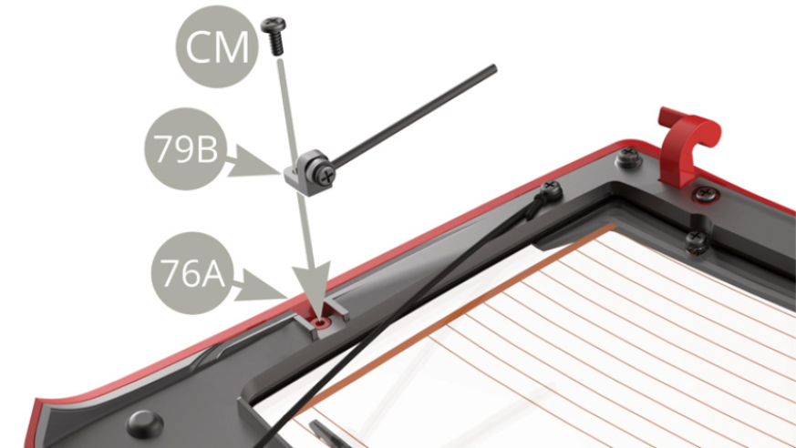 Fit 79B Bracket by its longer tab to 76A Tailgate frame left side and fix with CM screw.