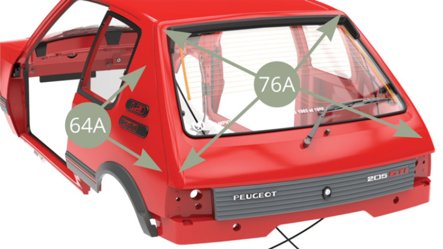 Fit 76A Tailgate to 64A Body frame rear opening , fitting 76B Left and 76C Right tailgate hinge axles into respective grooves in 64A Body frame inner ceiling edge ( lower illustrations ).