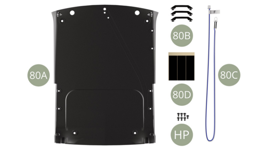 80A Ceiling panel80B Assist handle ( x3 )80C Interior lamp cable F80D Tape ( x3 )HP M 1,5 x 3 mm (x 7)