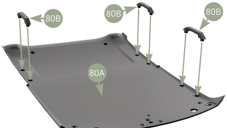 One by one , fit three 80B Assist handles to 80A Ceiling lining and fix each one with two HP screws ( lower illustrations )