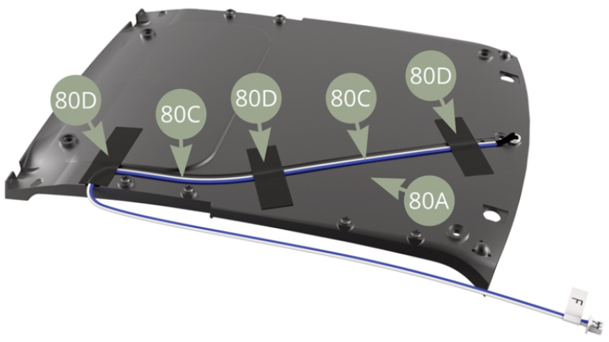 80C (Innenleuchtenkabel F) entlang der Nut an 80A (Deckenverkleidung) führen und mit drei Klebebandstücken 80D befestigen.