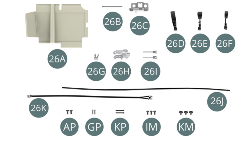 26A Fußstütze26B Vorbau / Stange 26C Tretlager26D Gaspedal26E Kupplungspedal26F Bremspedal26G Pedal Halterung26H Hauptzylinder26I Stößel (x 2)26J Kupplungskabel26K Kabel für BremslichtschalterAP Schraube M 1,7 x 4 mm (x 2)GP Schrauben M 1,2 x 5 mm (x 2)KP Schrauben M 1,2 x 9,5 mm (x 2)IM Schrauben M 1,7 x 3,5 mm (x 3)KM Schrauben M 1,7 x 3 x 5 mm (x 3)