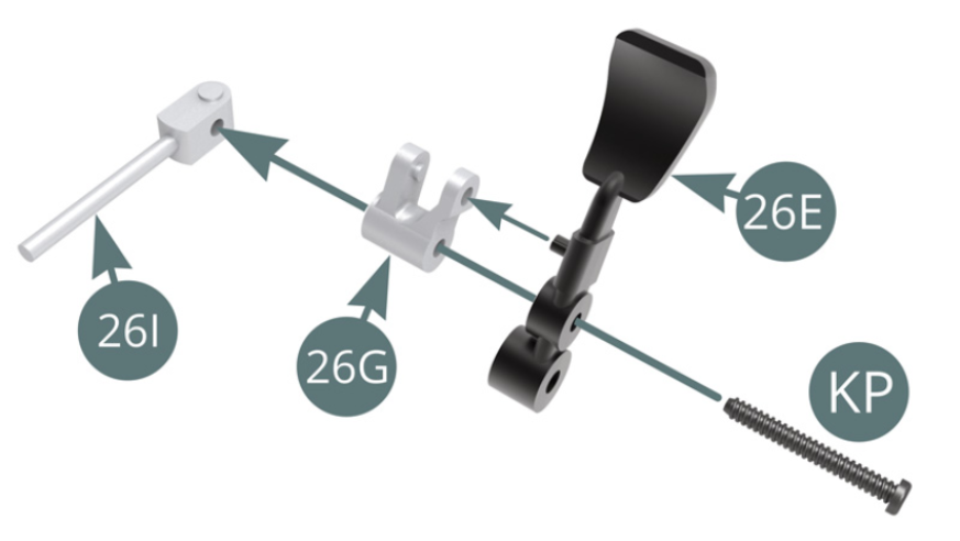 Positionieren Sie eine KP-Schraube in einem 26I-Stößel, indem Sie sie zuerst durch das 26E-Kupplungspedal und dann durch den 26G Pedal Halterung führen.